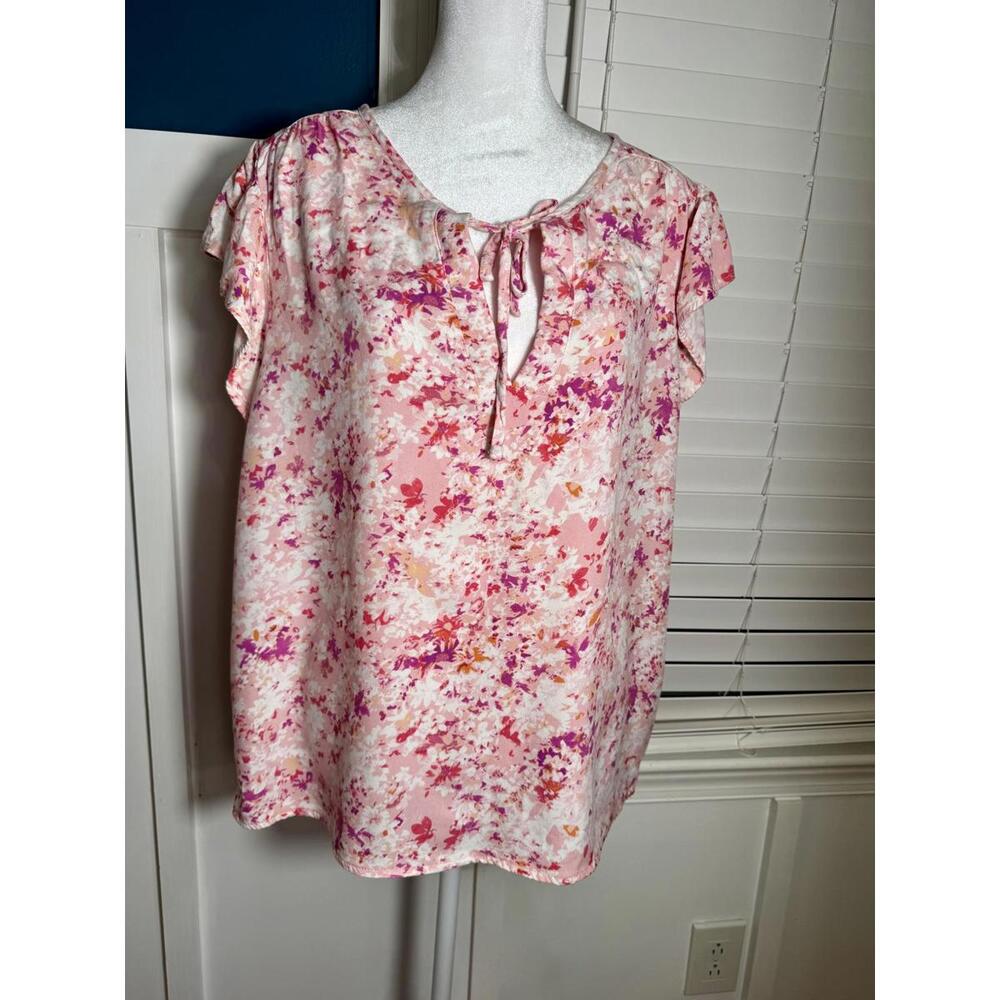 Time and Tru XL Pink Floral Tie Neck Blouse
